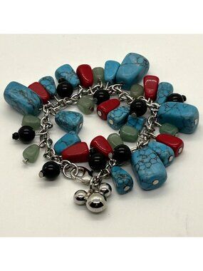 Disney Mickey Mouse Sterling Silver Tone Turquoise Coral & Black Stones Charm Br